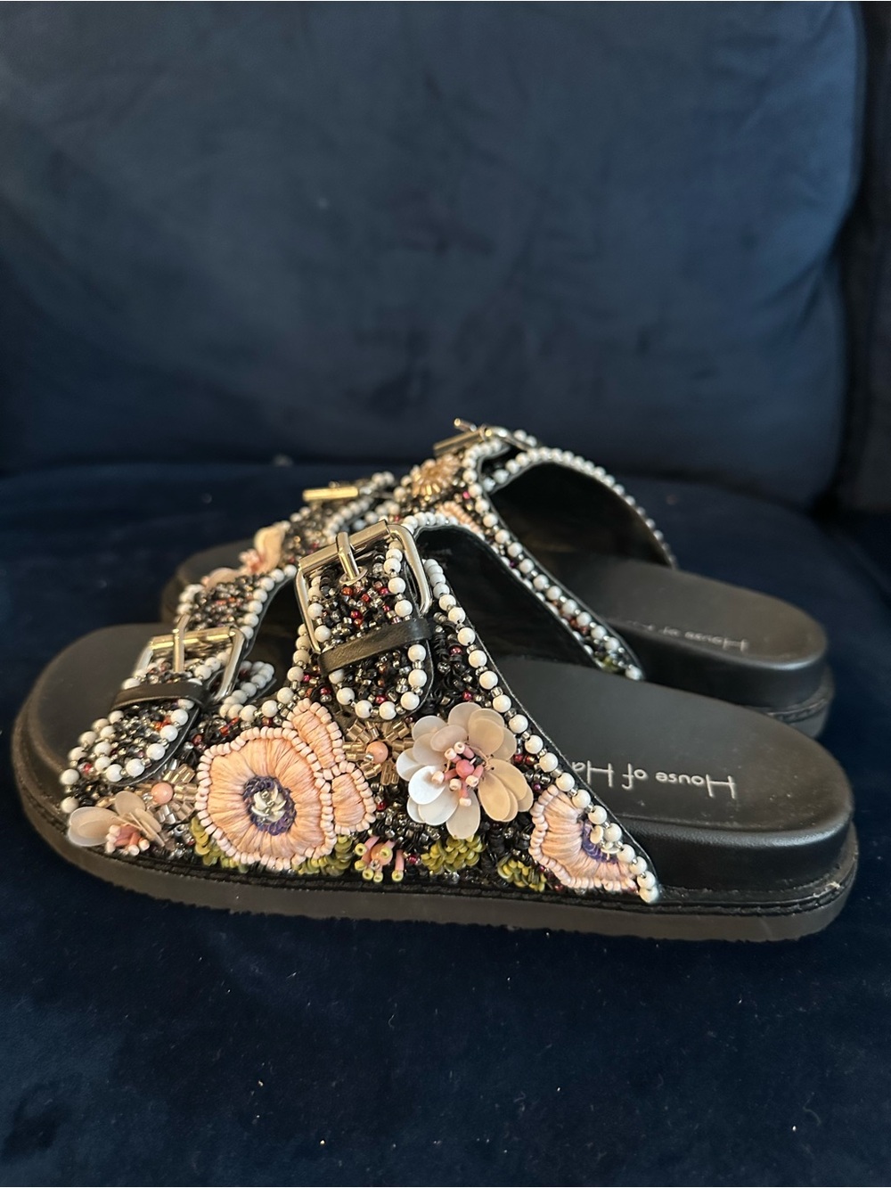 House of Harlow 1960 Black Embellished Floral Beaded Slide Sandals